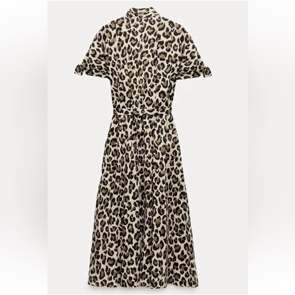 Zara Leopard Animal Print Button Up Down Midi Maxi Dress Bow Detail Pockets - Picture 13 of 17